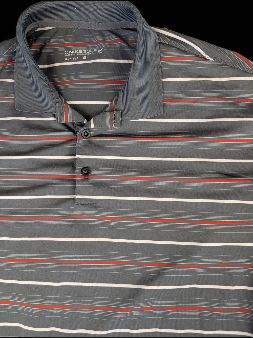 Nike Golf Dri-FIT Men's L Gray Striped Short Sleeve Collared Polo Shirt Logo